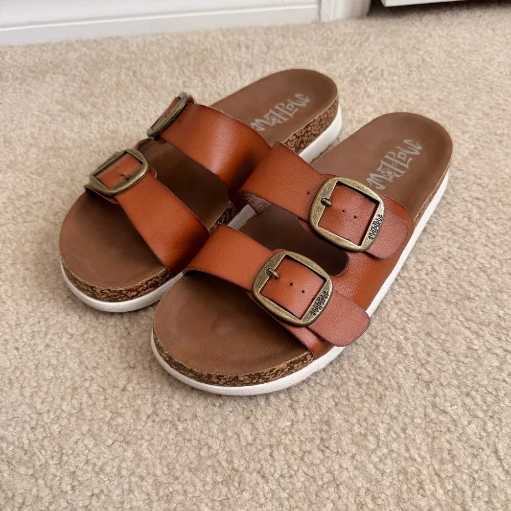 Mad Love Cognac Brown Double Strap Buckle Footbed Slide Sandals Womens 9